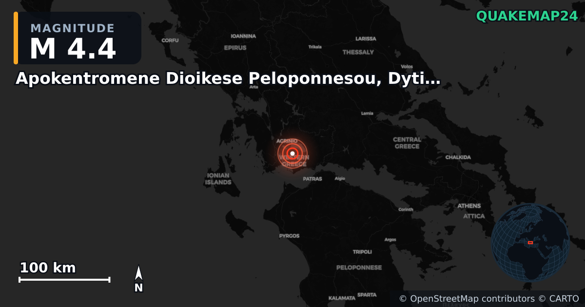 M4.4 earthquake near Apokentromene Dioikese Peloponnesou, Dytikes Elladas kai Ioniou on Oct 1, 2025 — map of epicenter and shaking intensity | QuakeMap24