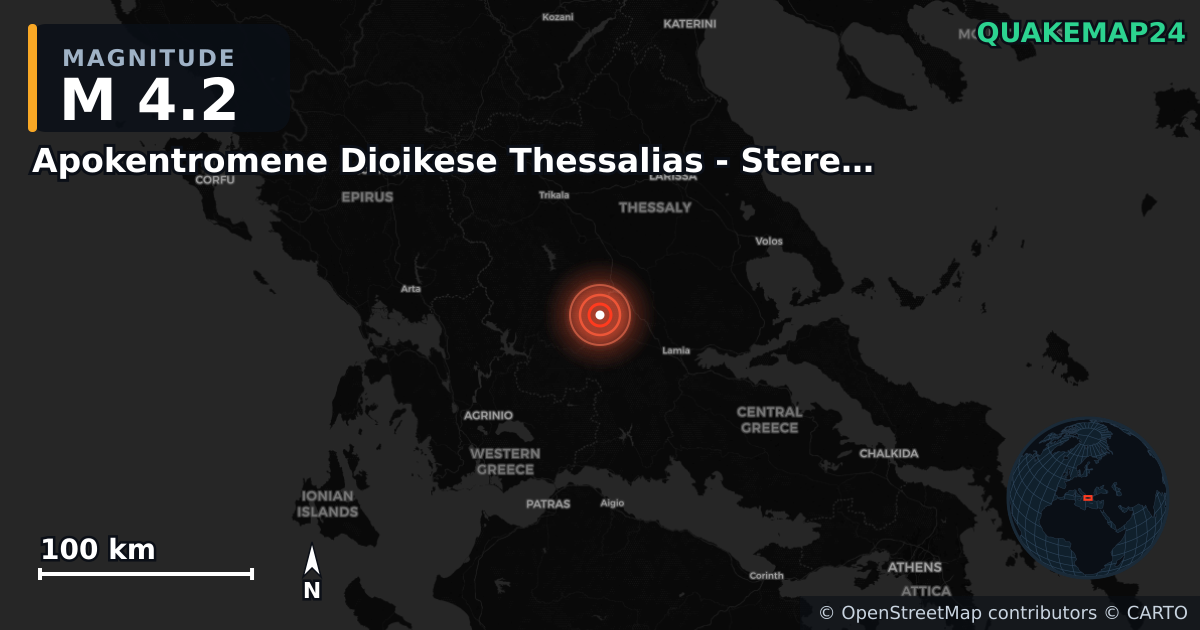 M4.2 earthquake near Apokentromene Dioikese Thessalias - Stereas Ellados on Jul 20, 2025 — map of epicenter and shaking intensity | QuakeMap24