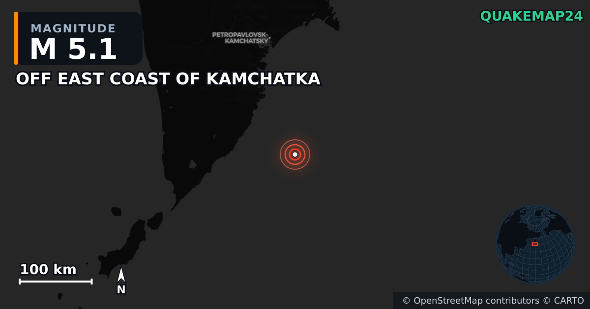 M5.1 earthquake near OFF EAST COAST OF KAMCHATKA on Sep 22, 2025 — map of epicenter and shaking intensity | QuakeMap24