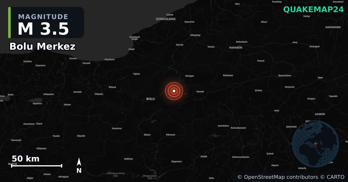Sismo de M3,5 perto de Bolu Merkez (Turquia) · 2025-12-22 — Mapa da localização do epicentro