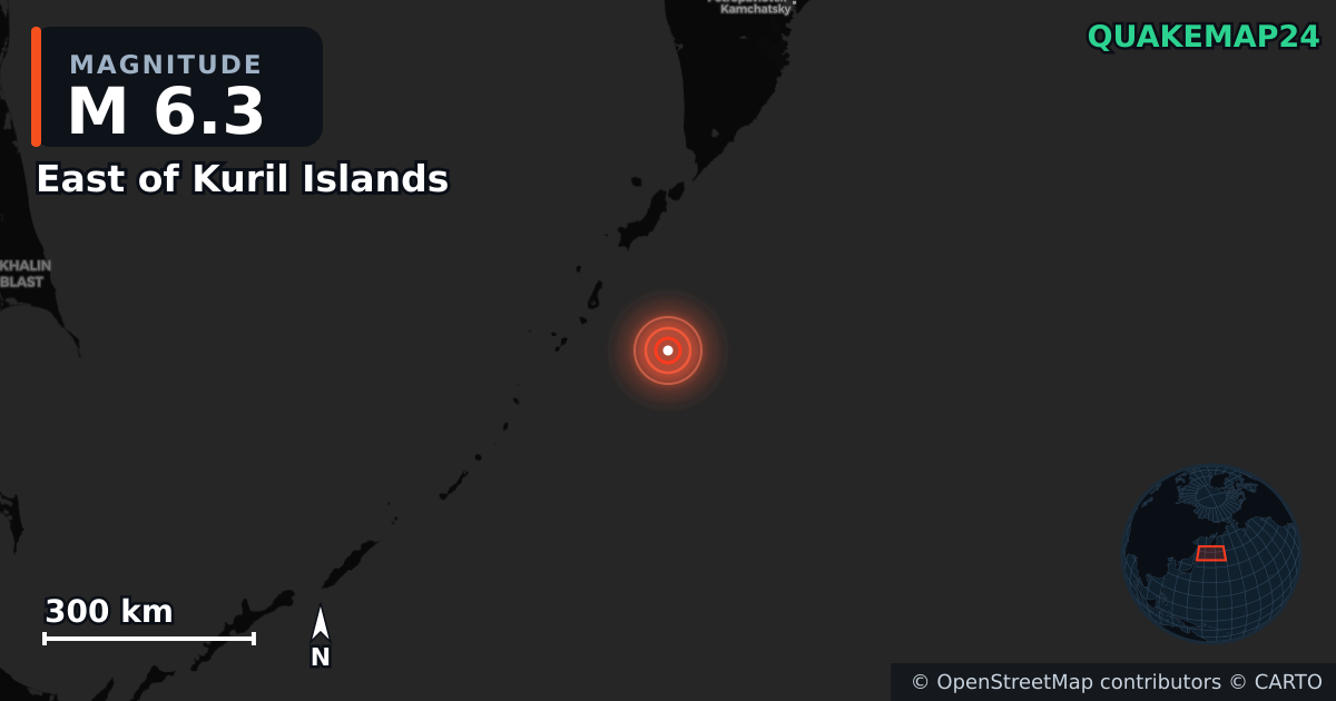 M6.3 earthquake near East of Kuril Islands on Aug 4, 2025 — map of epicenter and shaking intensity | QuakeMap24