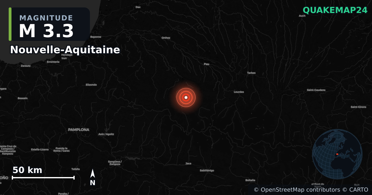 M3.3 earthquake near Nouvelle-Aquitaine on Sep 6, 2025 — map of epicenter and shaking intensity | QuakeMap24
