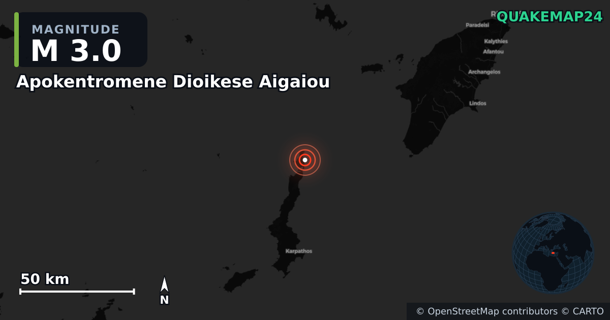 M3.0 earthquake near Apokentromene Dioikese Aigaiou on Nov 14, 2025 — map of epicenter and shaking intensity | QuakeMap24