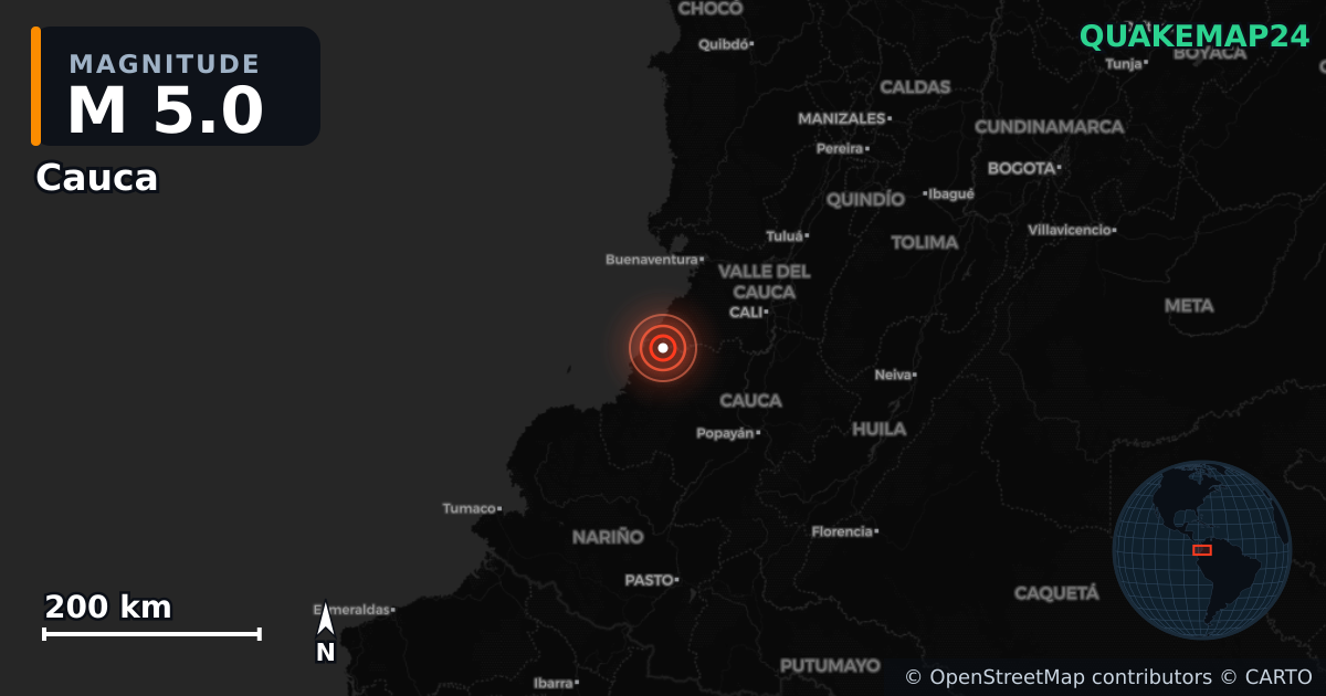 M5.0 earthquake near Cauca on May 23, 2025 — map of epicenter and shaking intensity | QuakeMap24