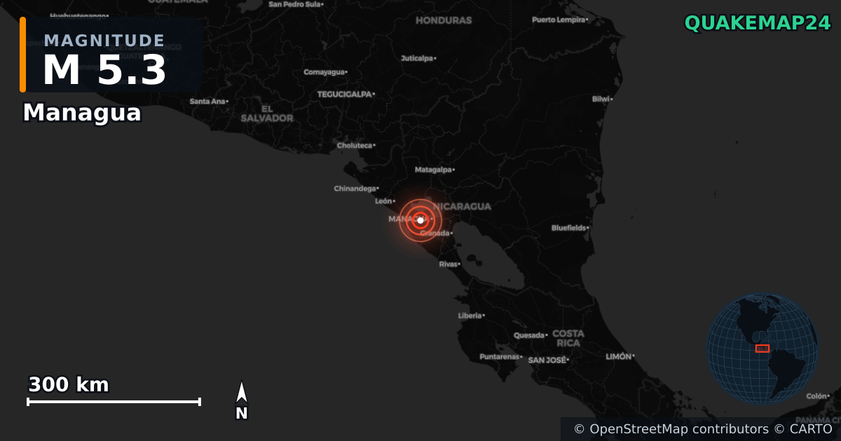 M5.3 earthquake near Managua on Nov 17, 2025 — map of epicenter and shaking intensity | QuakeMap24