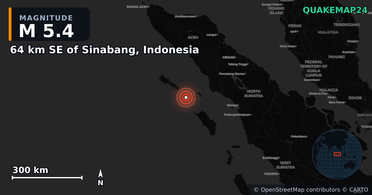 M5.4 earthquake near 64 km SE of Sinabang, Indonesia on Apr 7, 2025 — map of epicenter and shaking intensity | QuakeMap24