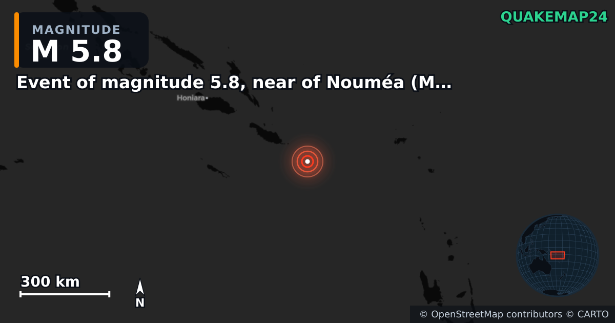 M5.8 earthquake near Event of magnitude 5.8, near of Nouméa (Monde) on Mar 6, 2026 — map of epicenter and shaking intensity | QuakeMap24