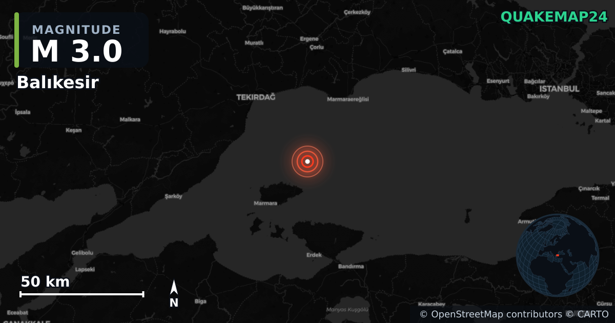M3.0 earthquake near Balıkesir on Feb 9, 2026 — map of epicenter and shaking intensity | QuakeMap24