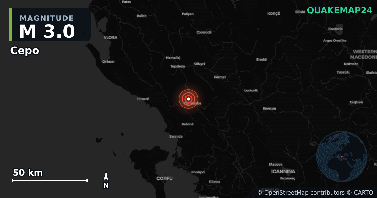 M3.0 earthquake near Cepo on Jan 11, 2026 — map of epicenter and shaking intensity | QuakeMap24