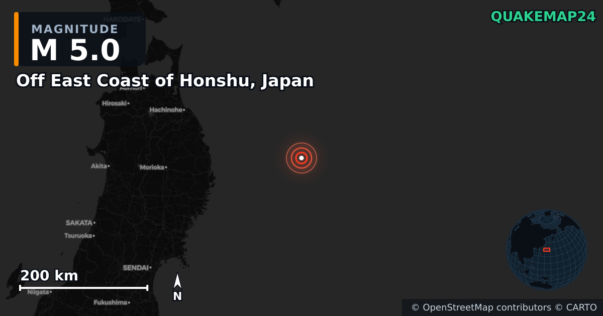 M5.0 earthquake near Off East Coast of Honshu, Japan on Apr 21, 2026 — map of epicenter and shaking intensity | QuakeMap24