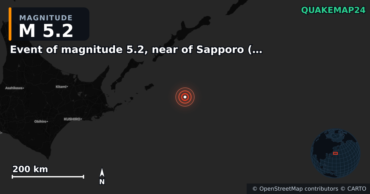 M5.2 earthquake near Event of magnitude 5.2, near of Sapporo (Monde) on Dec 21, 2025 — map of epicenter and shaking intensity | QuakeMap24