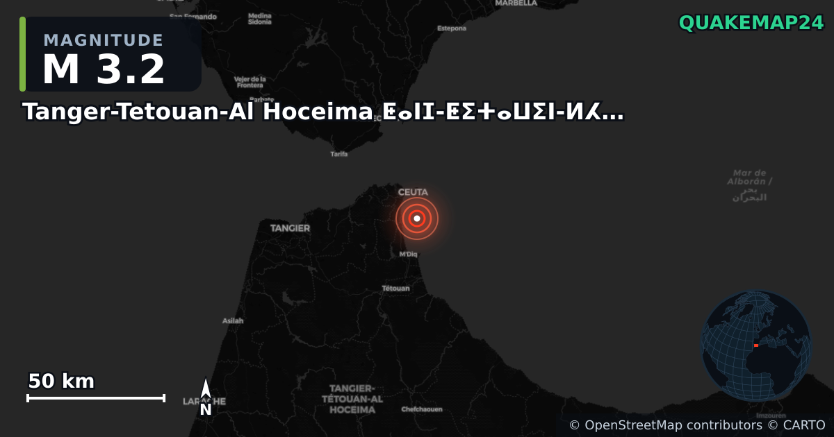 M3.2 earthquake near Tanger-Tetouan-Al Hoceima ⵟⴰⵏⵊ-ⵟⵉⵜⴰⵡⵉⵏ-ⵍⵃⵓⵙⵉⵎⴰ tnjt ttwan alhsymt on May 6, 2026 — map of epicenter and shaking intensity | QuakeMap24