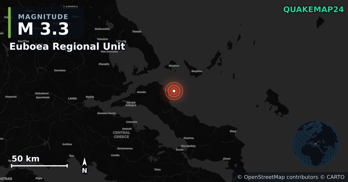 M3.3 earthquake near Euboea Regional Unit on Jun 11, 2026 — map of epicenter and shaking intensity | QuakeMap24