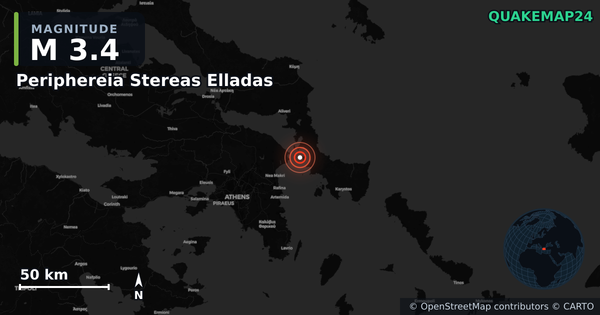 M3.4 earthquake near Periphereia Stereas Elladas on Jan 1, 2026 — map of epicenter and shaking intensity | QuakeMap24