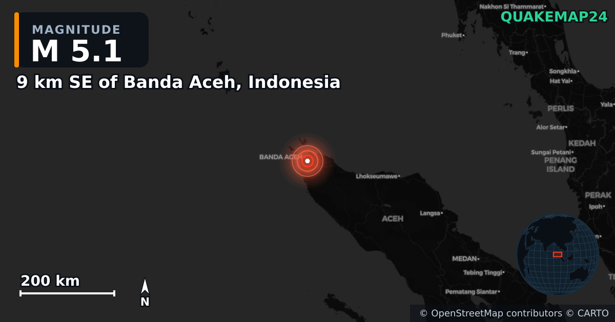 M5.1 earthquake near 9 km SE of Banda Aceh, Indonesia on Mar 30, 2025 — map of epicenter and shaking intensity | QuakeMap24