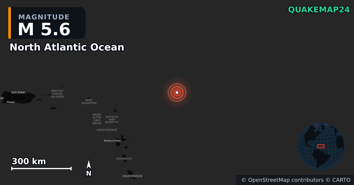 Erdbeben M5,6 bei North Atlantic Ocean — Karte der Lage des Epizentrums