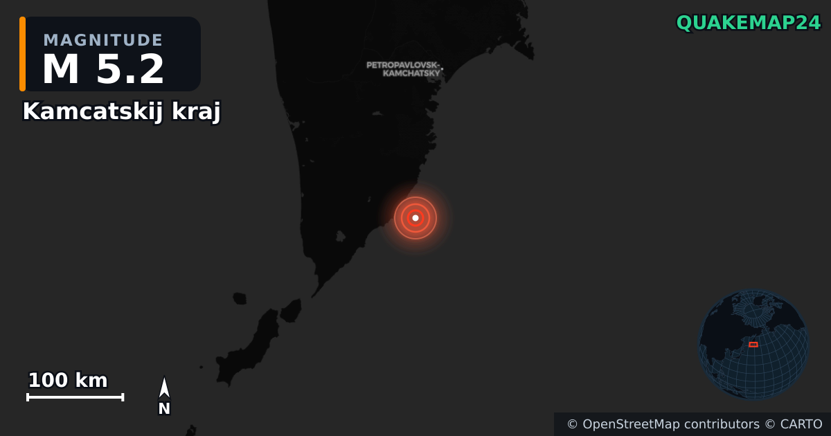 M5.2 earthquake near Kamcatskij kraj on Aug 9, 2025 — map of epicenter and shaking intensity | QuakeMap24