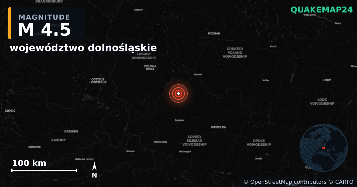 M4.5 earthquake near województwo dolnośląskie on Sep 12, 2025 — map of epicenter and shaking intensity | QuakeMap24
