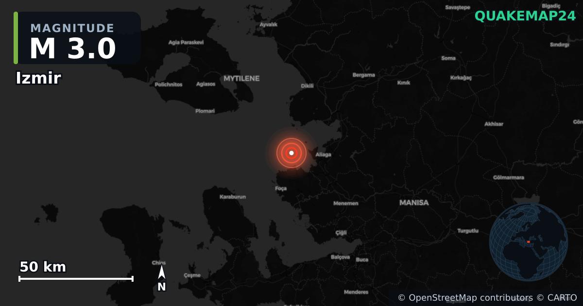 Izmir (Türkiye) yakınında M3,0 deprem · 2026-09-19 — Deprem merkez üssünün konumunu gösteren harita