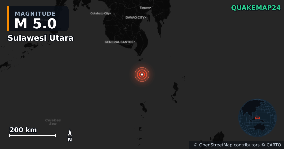 M5.0 earthquake near Sulawesi Utara on Jun 11, 2026 — map of epicenter and shaking intensity | QuakeMap24