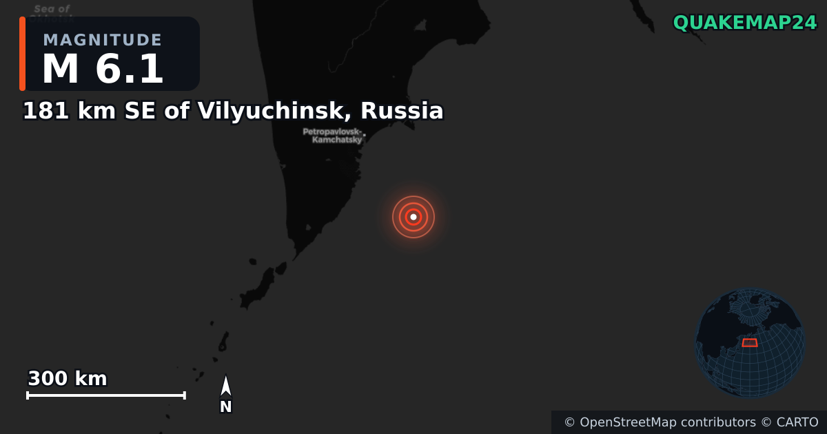 181 km SE of Vilyuchinsk, Russia yakınında M6,1 deprem — Deprem merkez üssünün konumunu gösteren harita