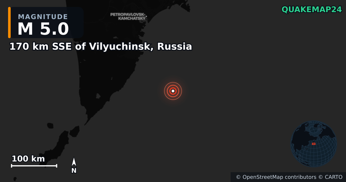M5.0 earthquake near 170 km SSE of Vilyuchinsk, Russia on Aug 24, 2025 — map of epicenter and shaking intensity | QuakeMap24