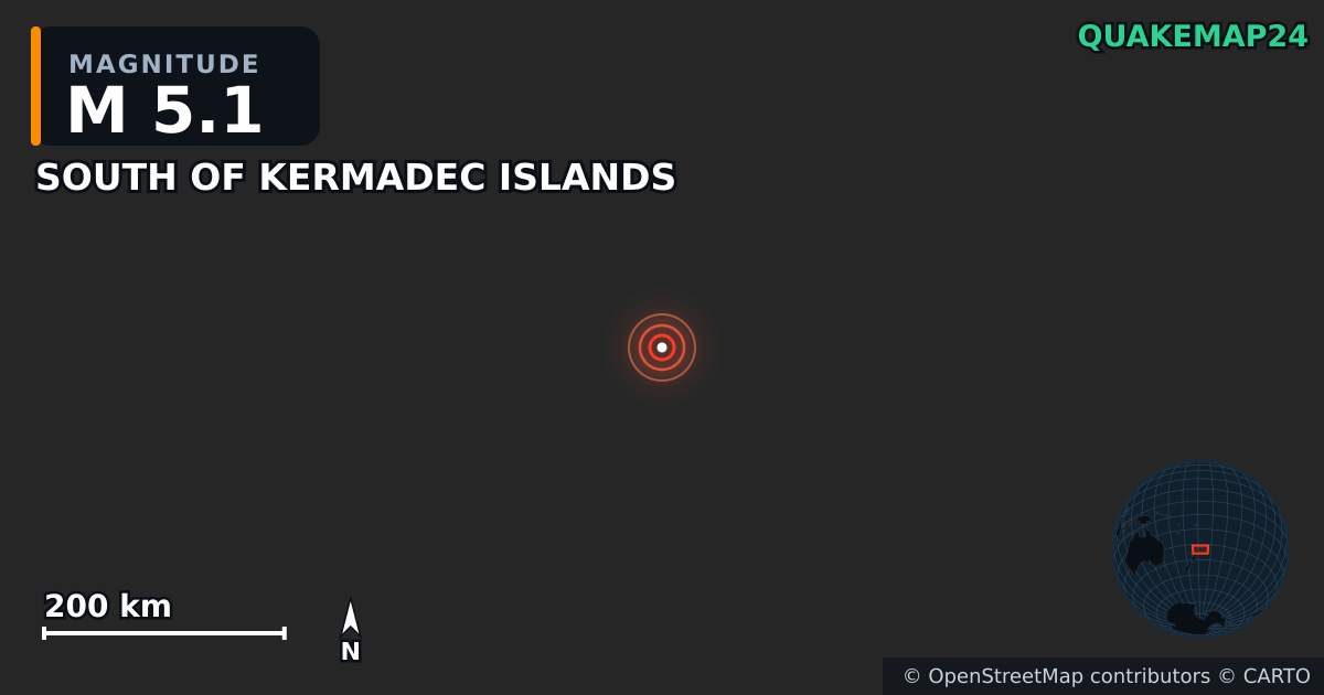 M5.1 earthquake near SOUTH OF KERMADEC ISLANDS on Mar 17, 2026 — map of epicenter and shaking intensity | QuakeMap24