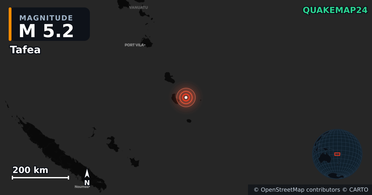 M5.2 earthquake near Tafea on Sep 4, 2025 — map of epicenter and shaking intensity | QuakeMap24