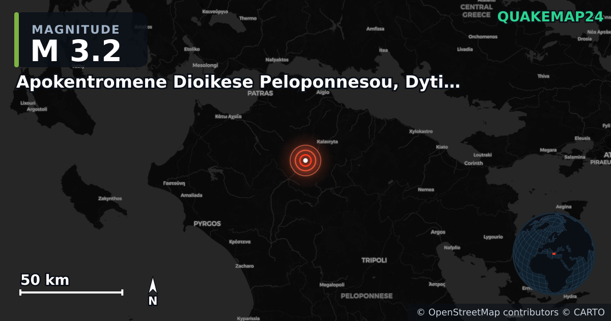 M3.2 earthquake near Apokentromene Dioikese Peloponnesou, Dytikes Elladas kai Ioniou on Sep 20, 2025 — map of epicenter and shaking intensity | QuakeMap24