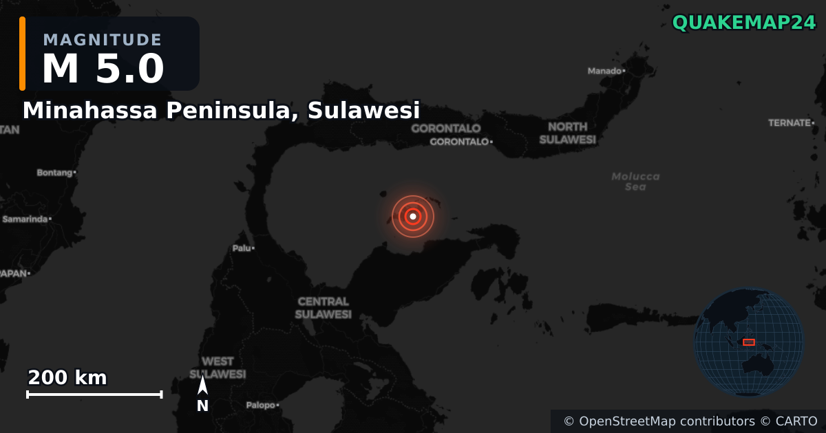 Erdbeben M5,0 bei Minahassa Peninsula, Sulawesi — Karte der Lage des Epizentrums