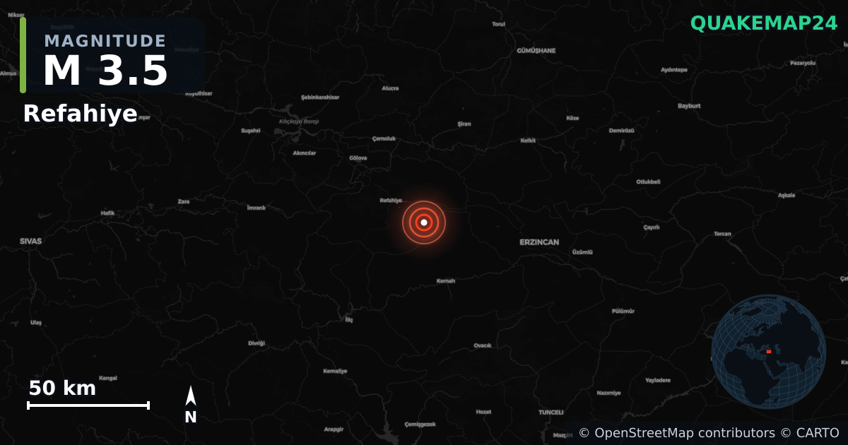 M3.5 earthquake near Refahiye on Jan 27, 2026 — map of epicenter and shaking intensity | QuakeMap24