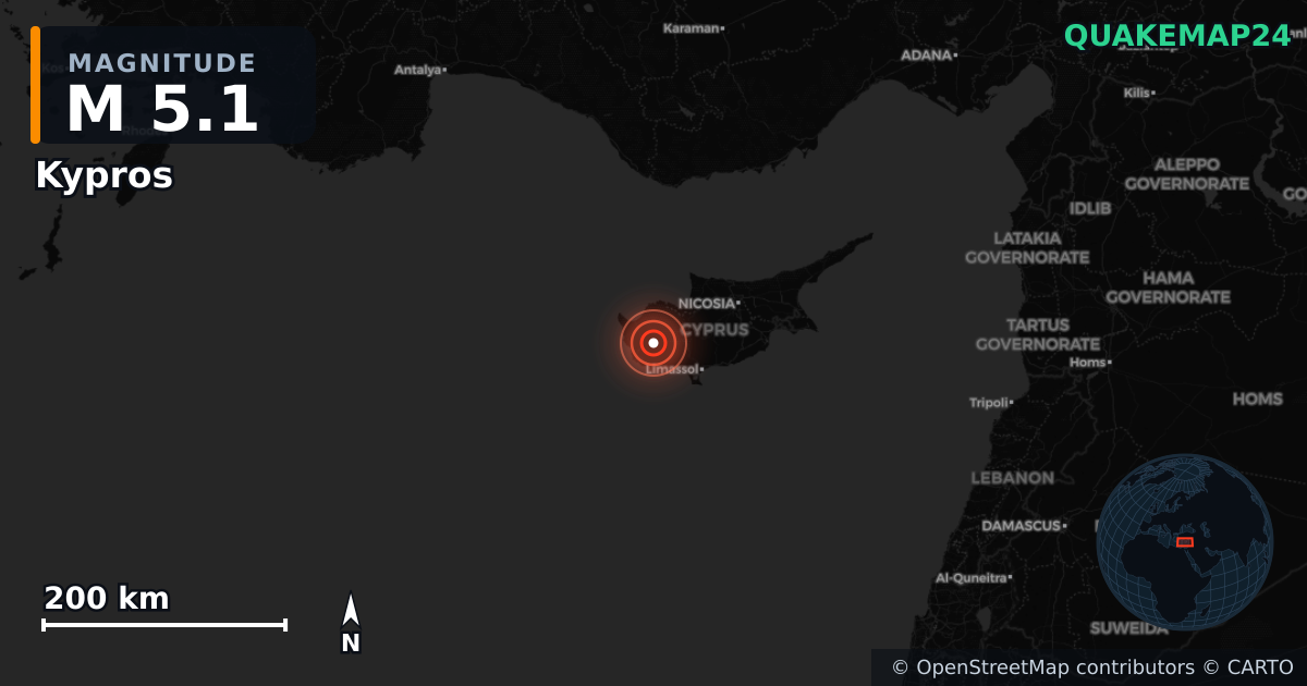 M5.1 earthquake near Kypros on Nov 12, 2025 — map of epicenter and shaking intensity | QuakeMap24