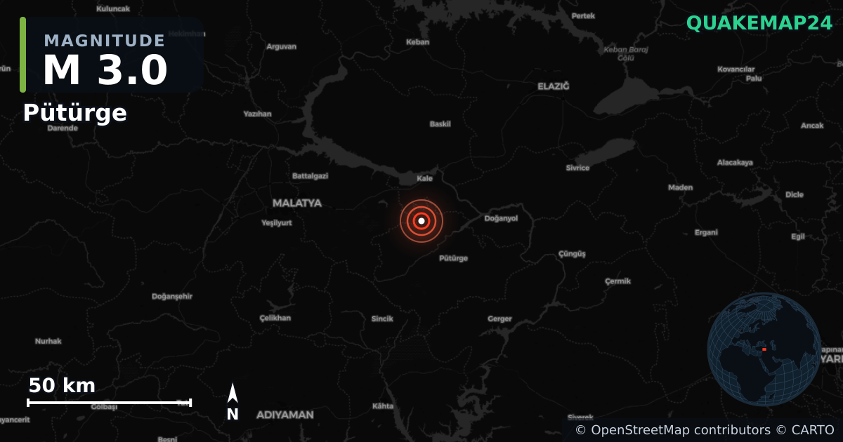 M3.0 earthquake near Pütürge on May 16, 2025 — map of epicenter and shaking intensity | QuakeMap24
