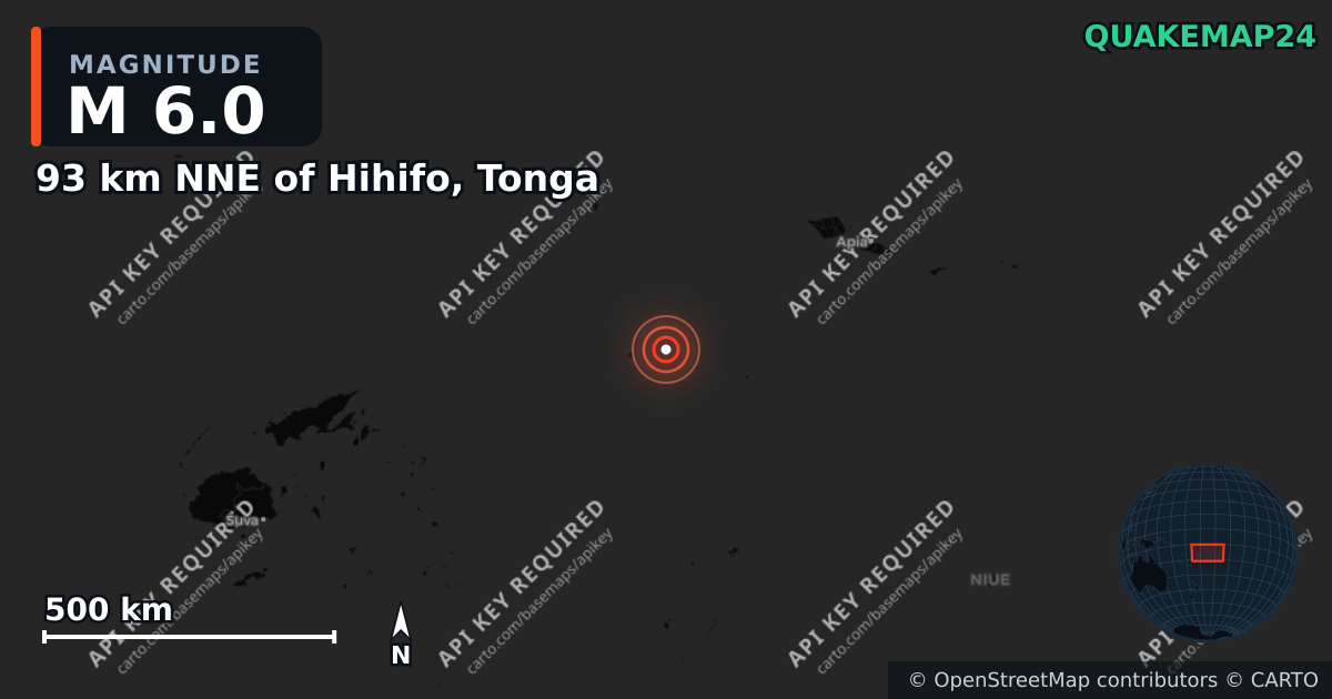 M6.0 earthquake near 93 km NNE of Hihifo, Tonga on Apr 19, 2026 — map of epicenter and shaking intensity | QuakeMap24