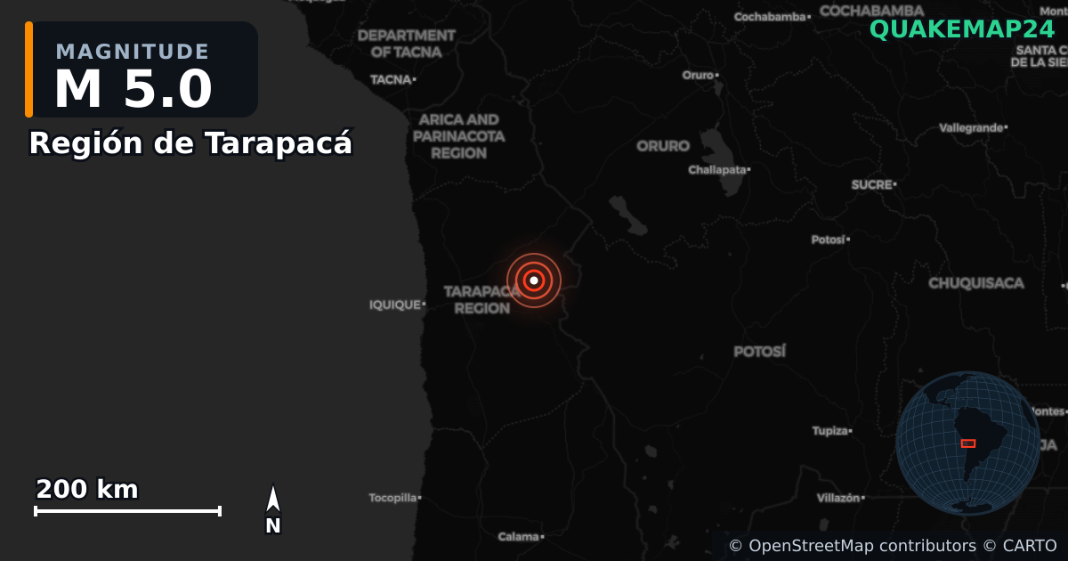 M5.0 earthquake near Región de Tarapacá on Sep 15, 2025 — map of epicenter and shaking intensity | QuakeMap24