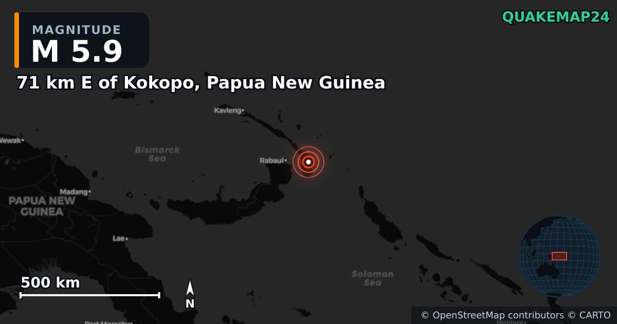 M5.9 earthquake near 71 km E of Kokopo, Papua New Guinea on Aug 7, 2025 — map of epicenter and shaking intensity | QuakeMap24