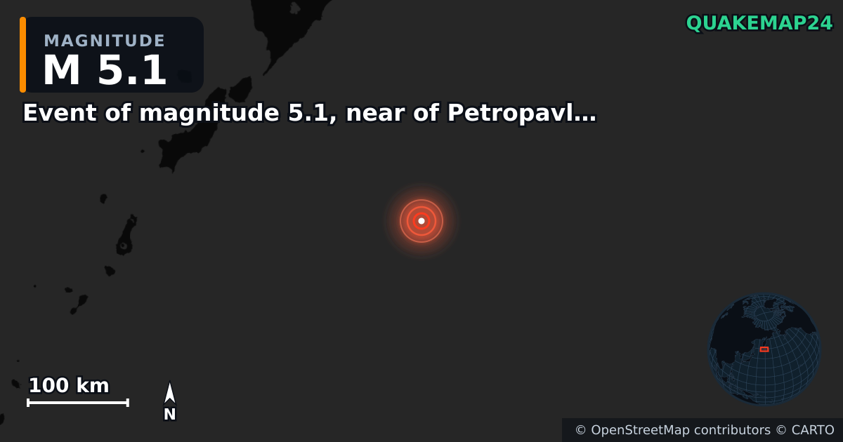 Event of magnitude 5.1, near of Petropavlovsk Kamchatskiy (Monde) yakınında M5,1 deprem — Deprem merkez üssünün konumunu gösteren harita