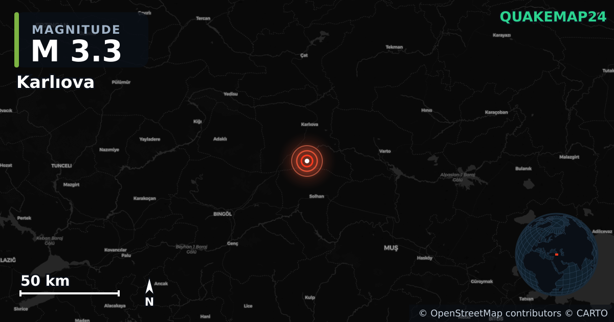 M3.3 Earthquake near Karlıova, Bingöl (Turkey) · 2026-05-27 — Map showing the location of the epicenter