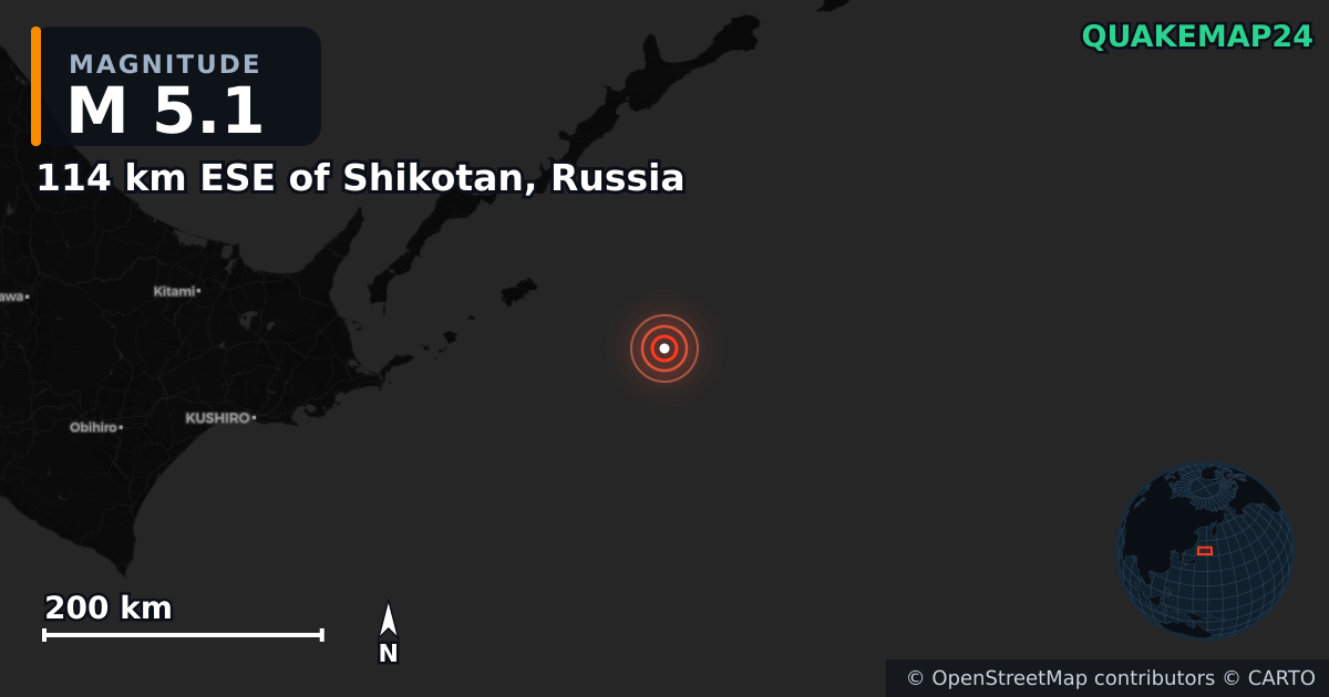 M5.1 earthquake near 114 km ESE of Shikotan, Russia on Dec 21, 2025 — map of epicenter and shaking intensity | QuakeMap24