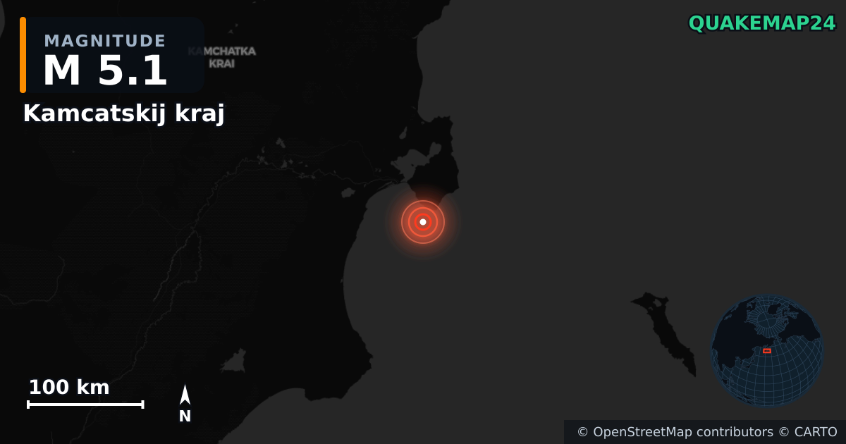 M5.1 earthquake near Kamcatskij kraj on Jan 12, 2026 — map of epicenter and shaking intensity | QuakeMap24