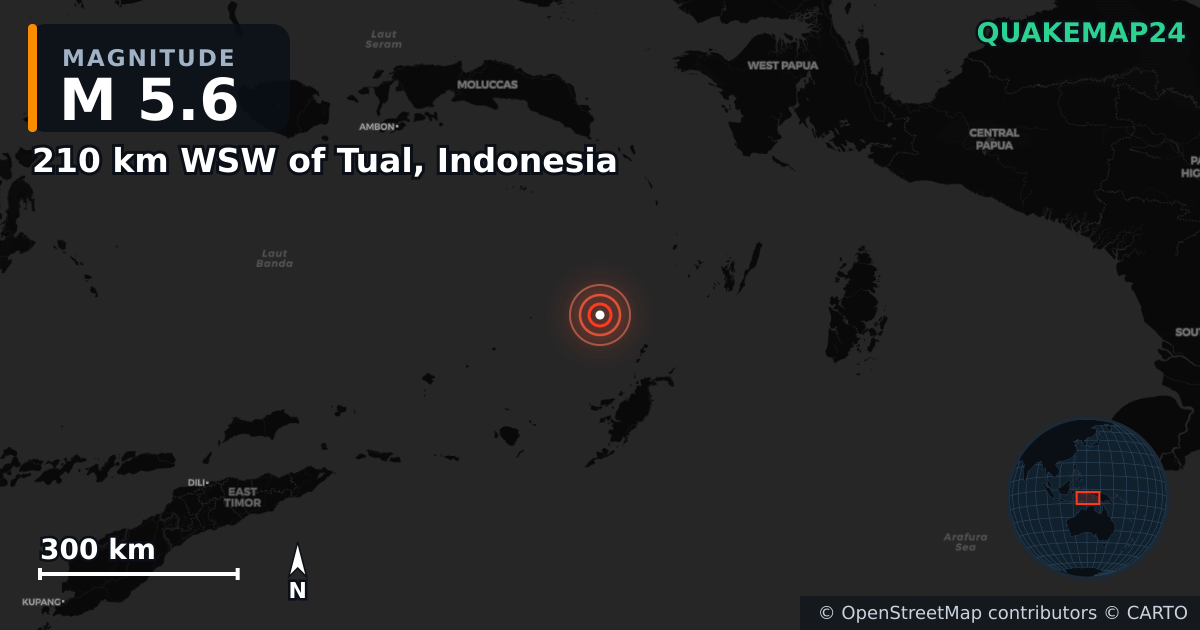 M5.6 earthquake near 210 km WSW of Tual, Indonesia on Oct 23, 2025 — map of epicenter and shaking intensity | QuakeMap24