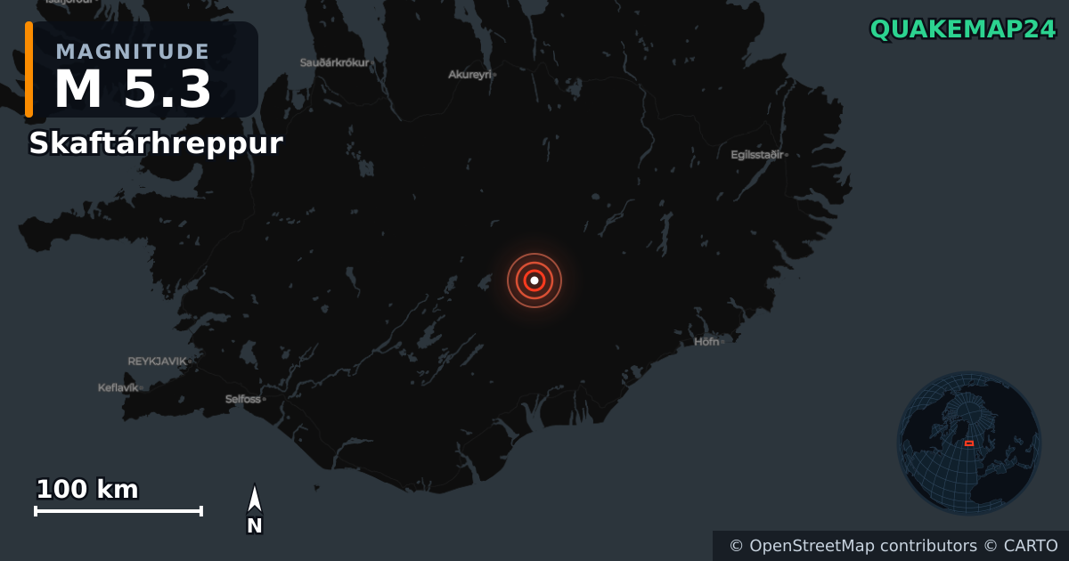 M5.3 Earthquake near Skaftárhreppur (Iceland) · 2026-10-19 — Map showing the location of the epicenter