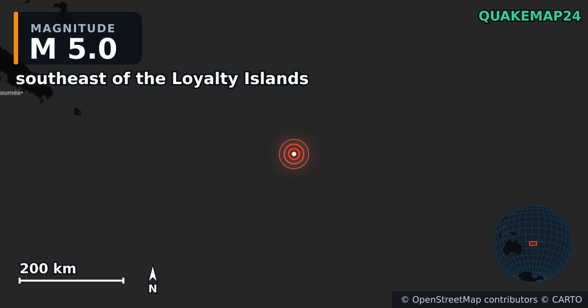 Erdbeben M5,0 bei southeast of the Loyalty Islands — Karte der Lage des Epizentrums