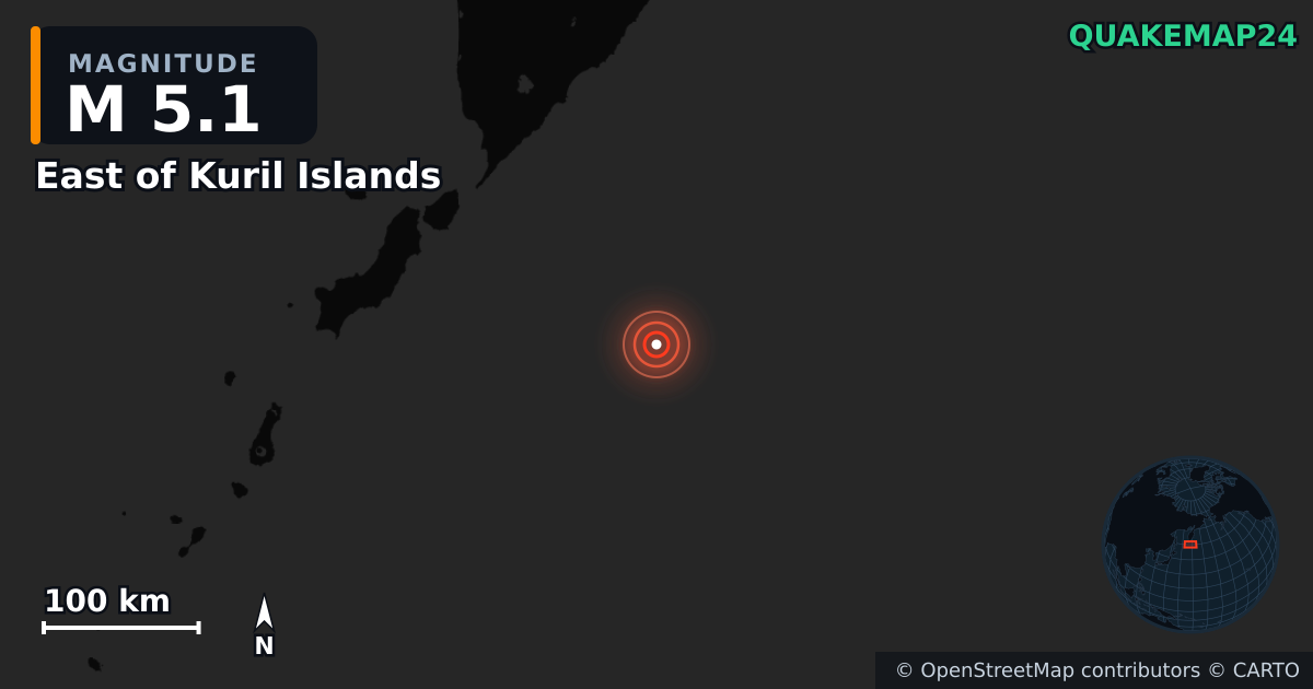 M5.1 earthquake near East of Kuril Islands on Jul 30, 2025 — map of epicenter and shaking intensity | QuakeMap24