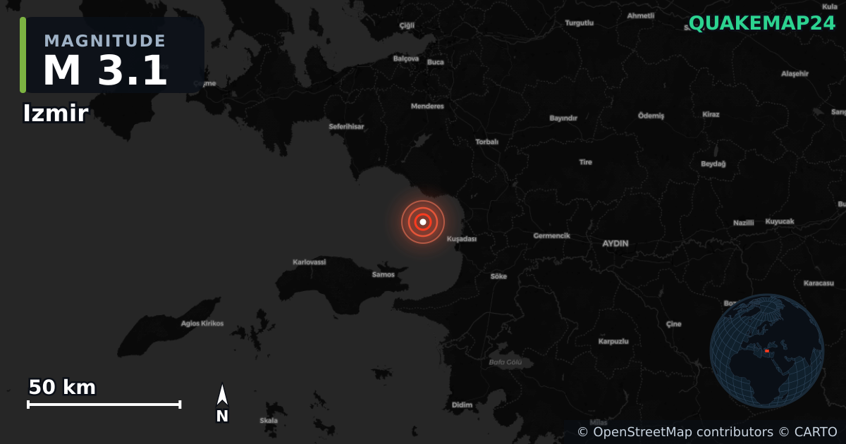 Izmir (Türkiye) yakınında M3,1 deprem · 2026-09-21 — Deprem merkez üssünün konumunu gösteren harita