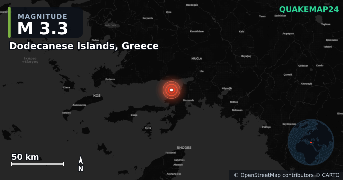 M3.3 earthquake near Dodecanese Islands, Greece on Aug 16, 2025 — map of epicenter and shaking intensity | QuakeMap24
