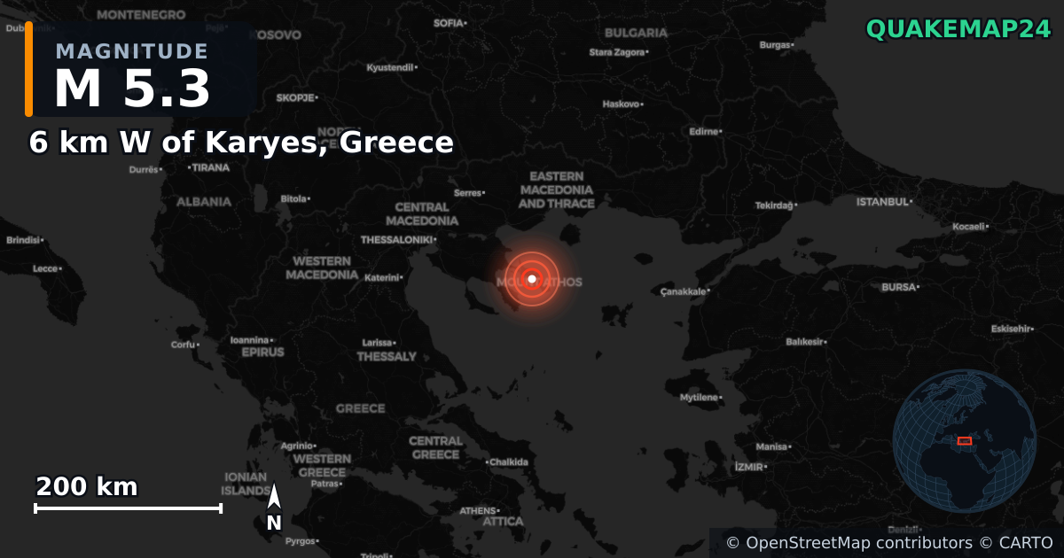 M5.3 earthquake near 6 km W of Karyes, Greece on Jun 7, 2025 — map of epicenter and shaking intensity | QuakeMap24
