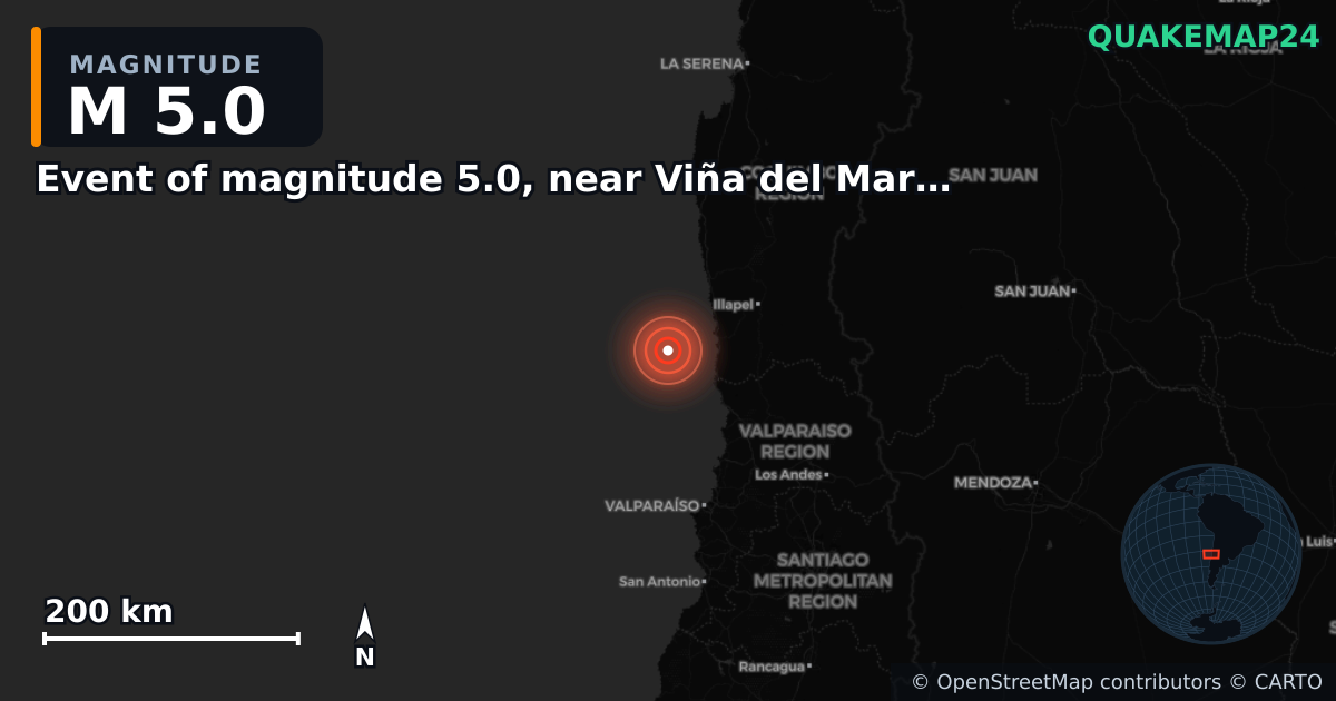 Erdbeben M5,0 bei Event of magnitude 5.0, near Viña del Mar (Monde) — Karte der Lage des Epizentrums