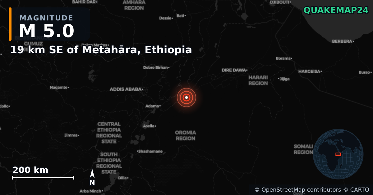 19 km SE of Metahāra, Ethiopia yakınında M5,0 deprem — Deprem merkez üssünün konumunu gösteren harita