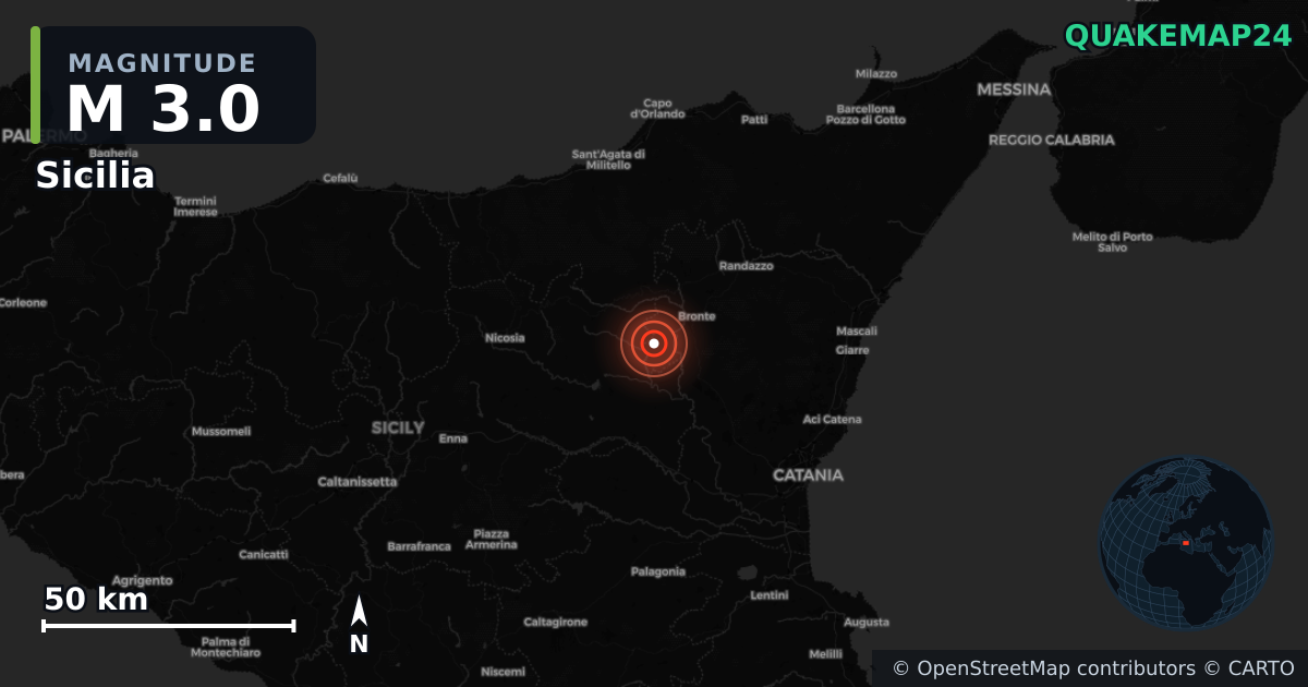 M3.0 earthquake near Sicilia on Oct 22, 2025 — map of epicenter and shaking intensity | QuakeMap24